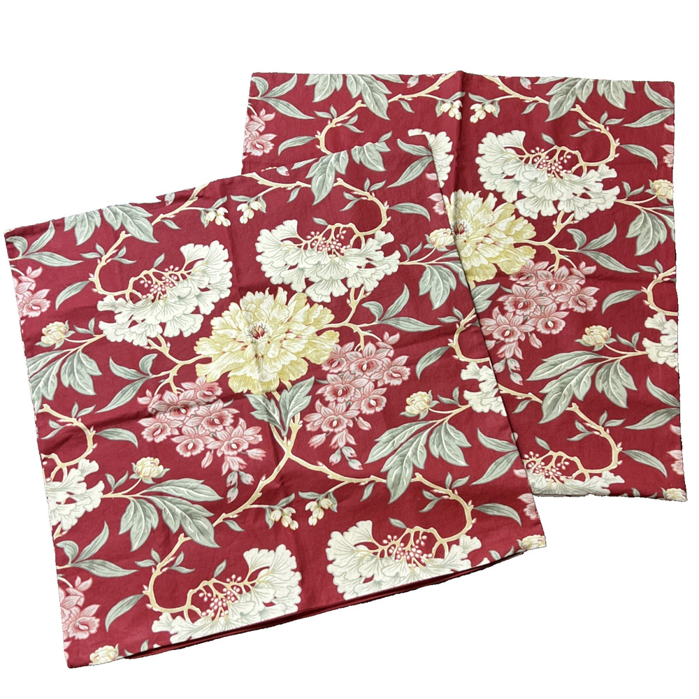 Set 2 Pottery Barn Red Floral Linen Cotton Euro Shams Pillow Covers 24" Zipper